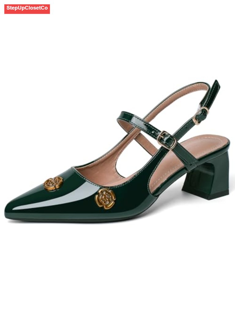 Pointed Toe Chunky Block Heel Sandals With Vintage Rose Hardware
